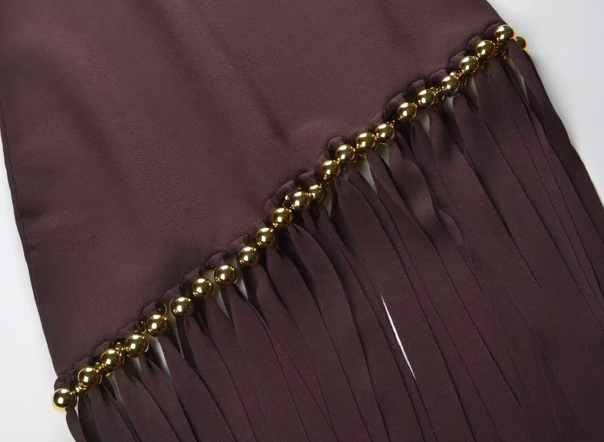 Chocolate Brown Sleeveless Dress with Fringe Hem