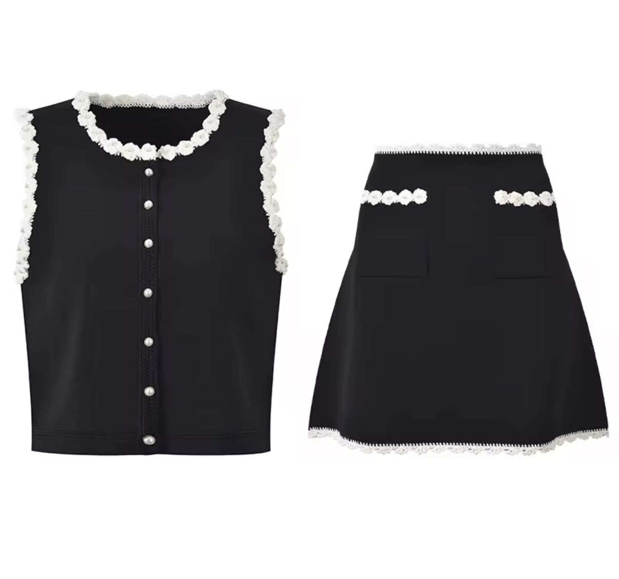 Chic Black Mini Skirt Set with Pearl Buttons