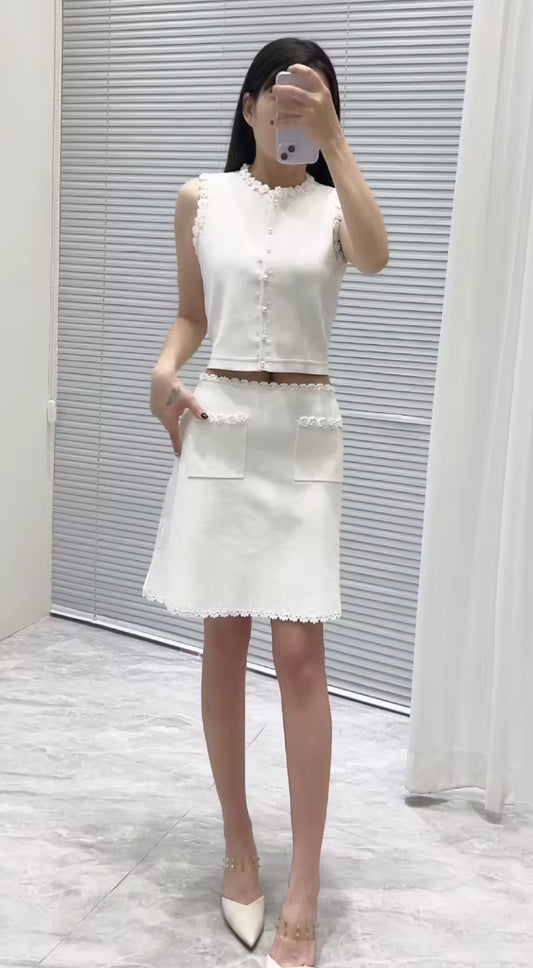 Chic Black Mini Skirt Set with Pearl Buttons