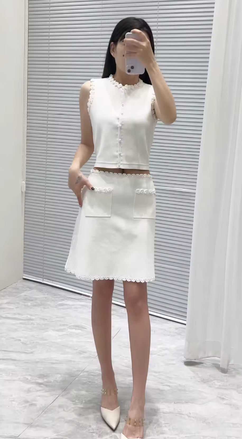 Chic Black Mini Skirt Set with Pearl Buttons