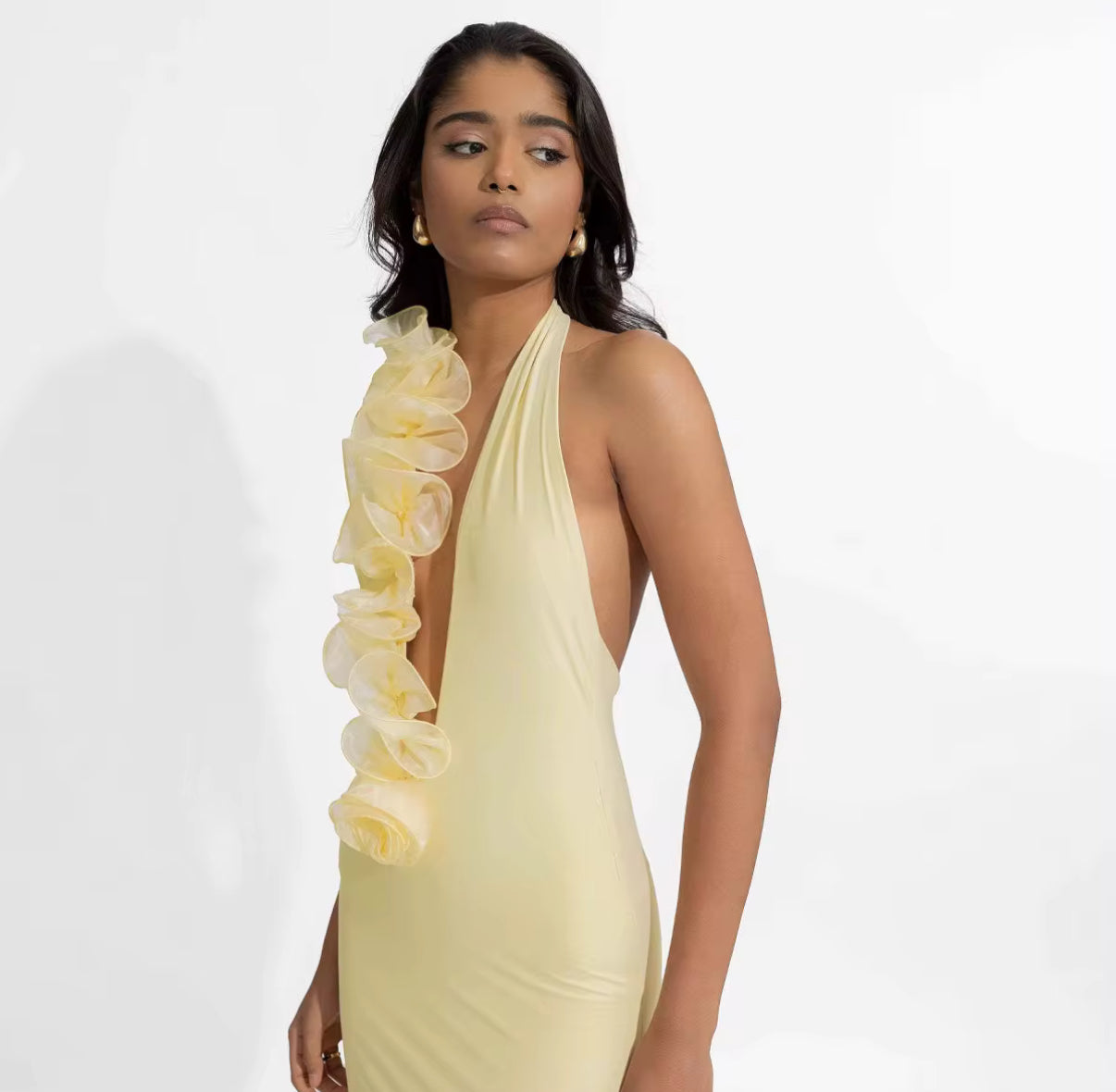 Butter Yellow Halter Maxi with Floral Ruffle Trim
