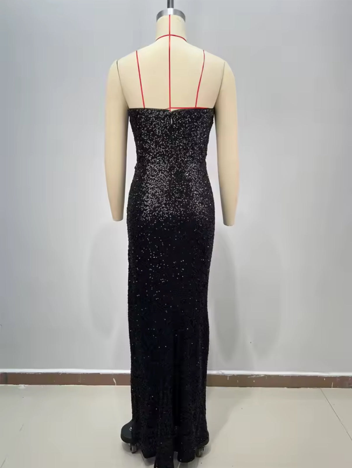 Black Sequin Corset Dress with Thigh-High Slit