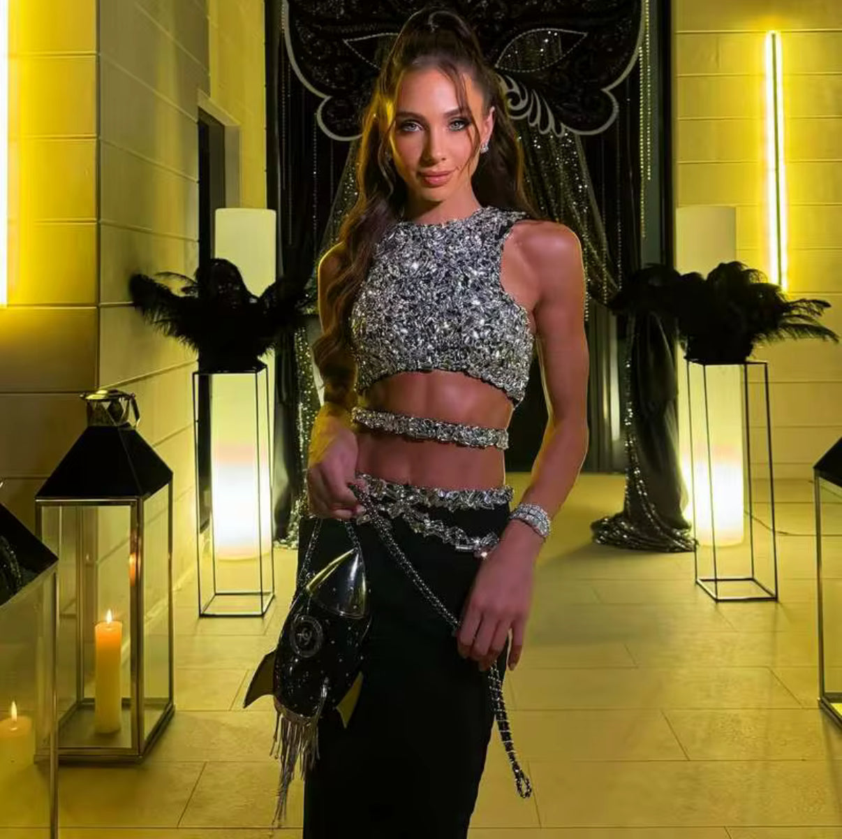 Embellished Halter Crop & Sleek Black Maxi Skirt Set