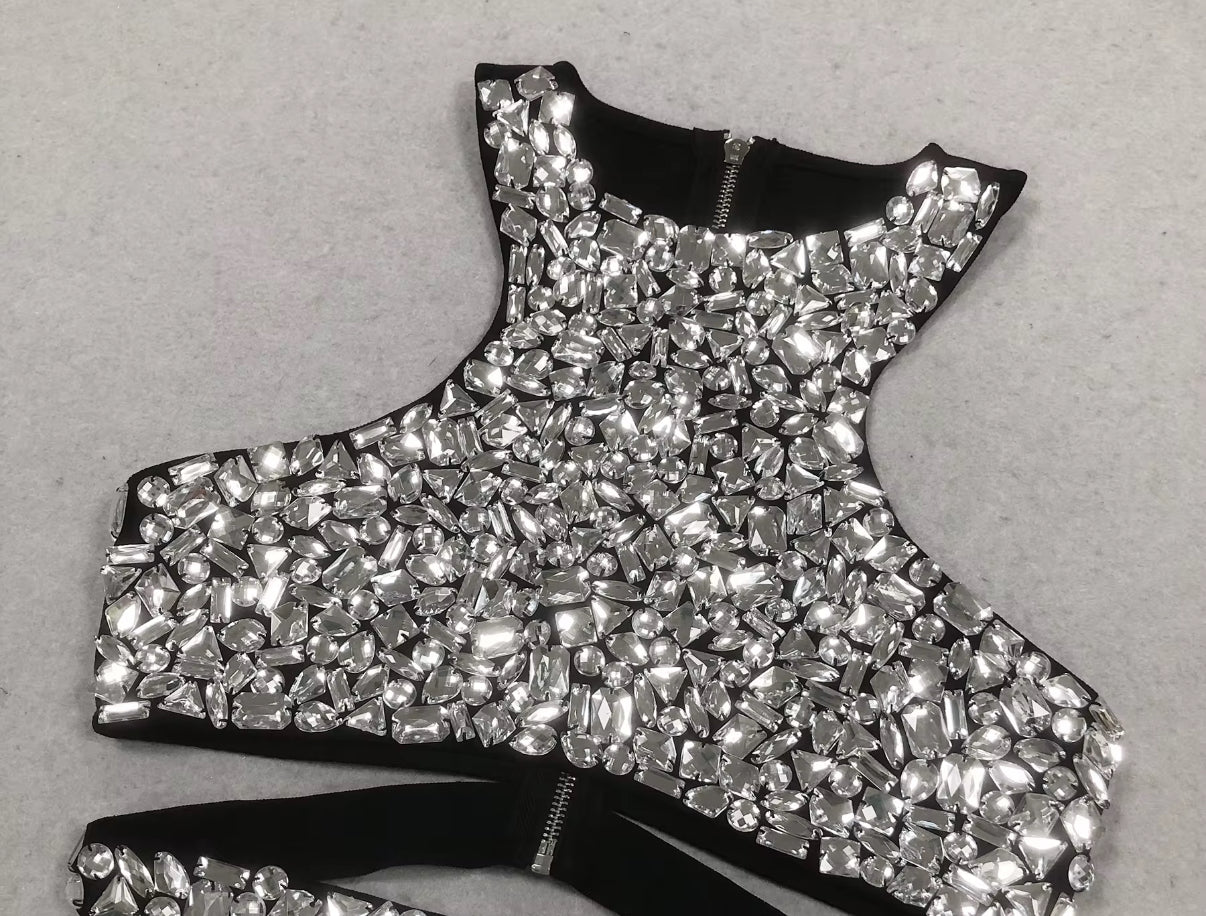 Embellished Halter Crop & Sleek Black Maxi Skirt Set