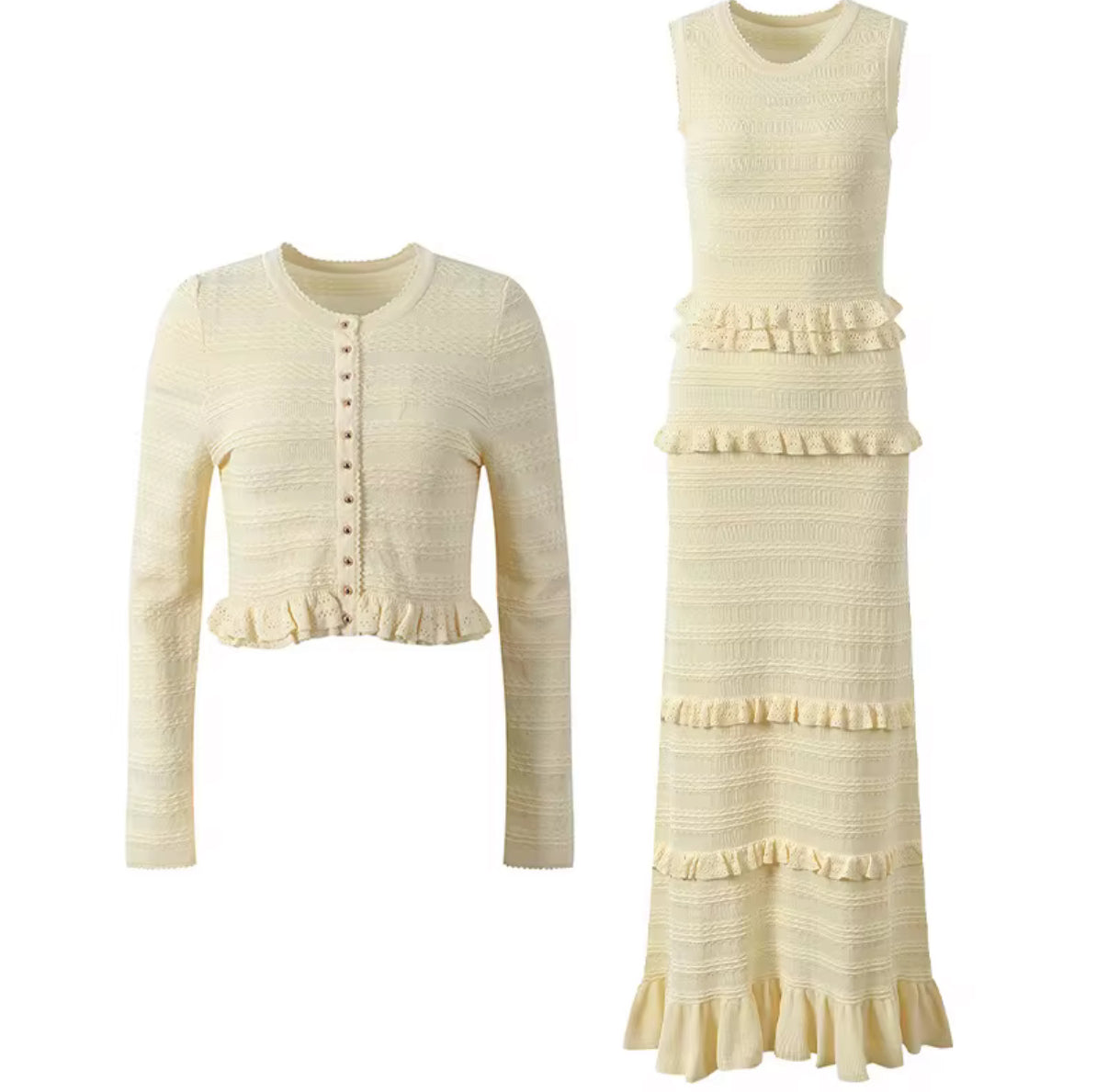 Ivory Knit Maxi Set with Button Cardigan