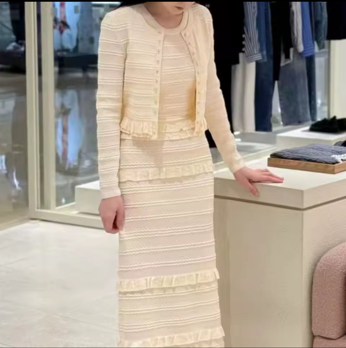 Ivory Knit Maxi Set with Button Cardigan