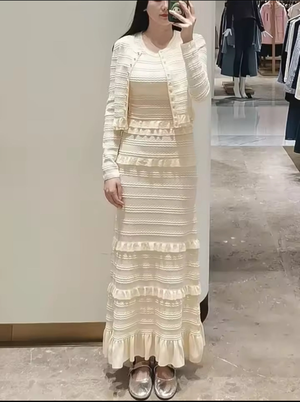 Ivory Knit Maxi Set with Button Cardigan