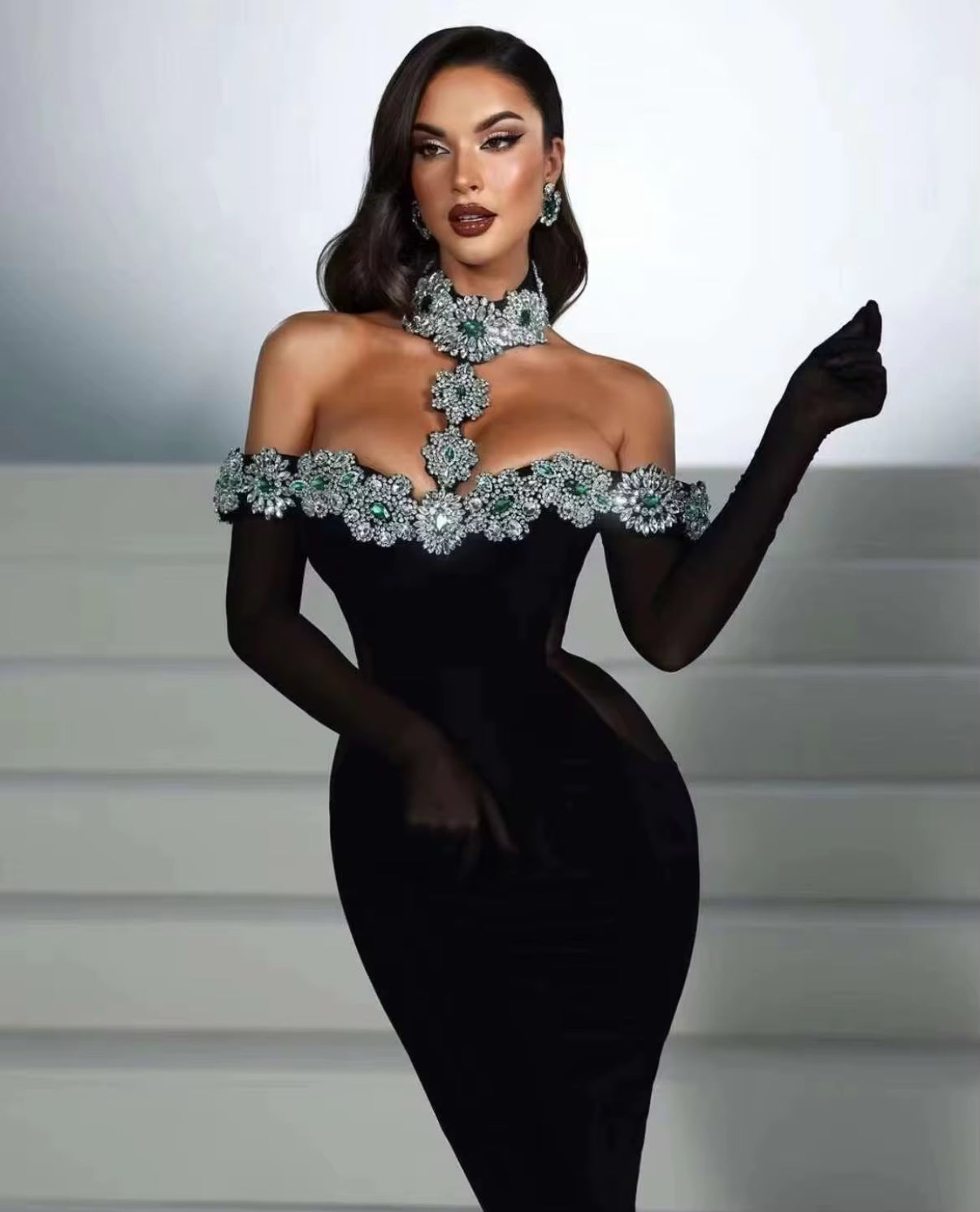 Midnight Majesty Dress with Crystal Choker Detail