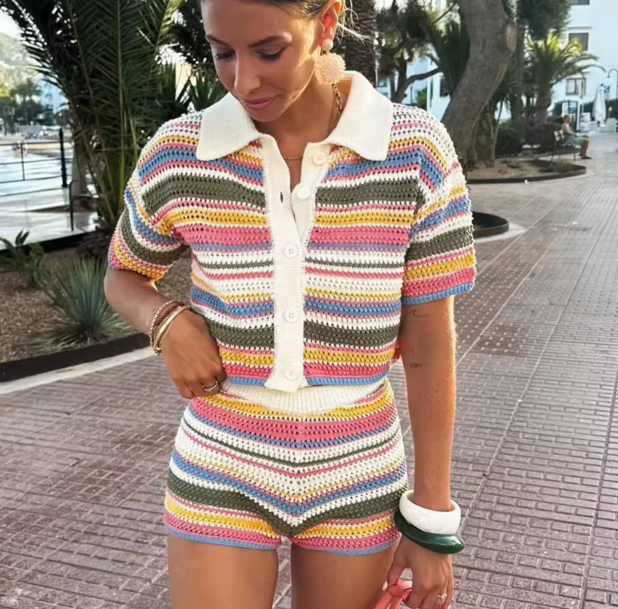 Multicolor Crochet Two-Piece with Button Front Polo and Shorts