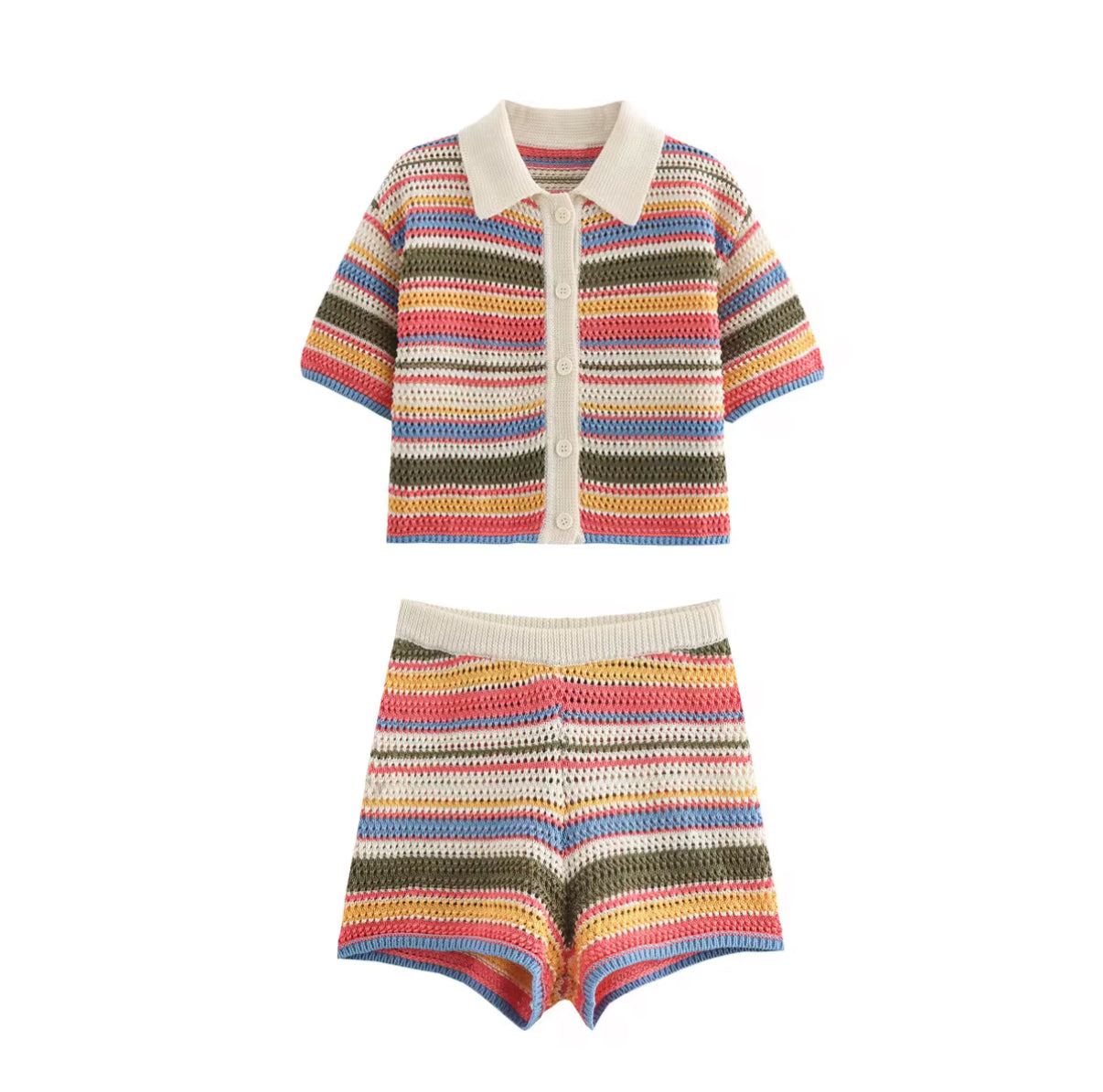 Multicolor Crochet Two-Piece with Button Front Polo and Shorts
