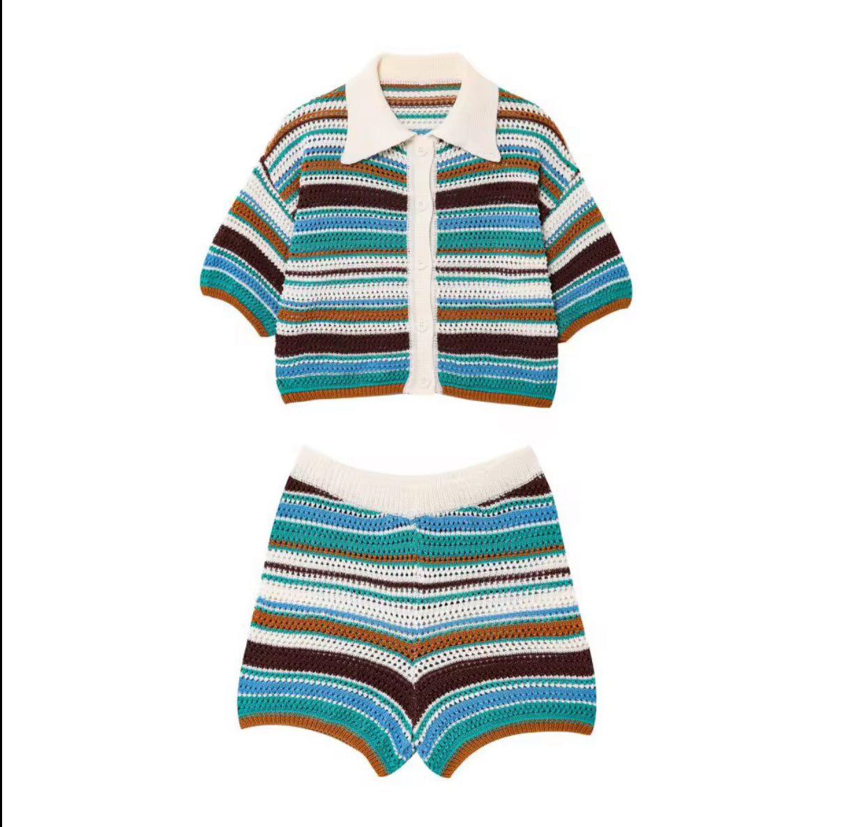 Multicolor Crochet Two-Piece with Button Front Polo and Shorts