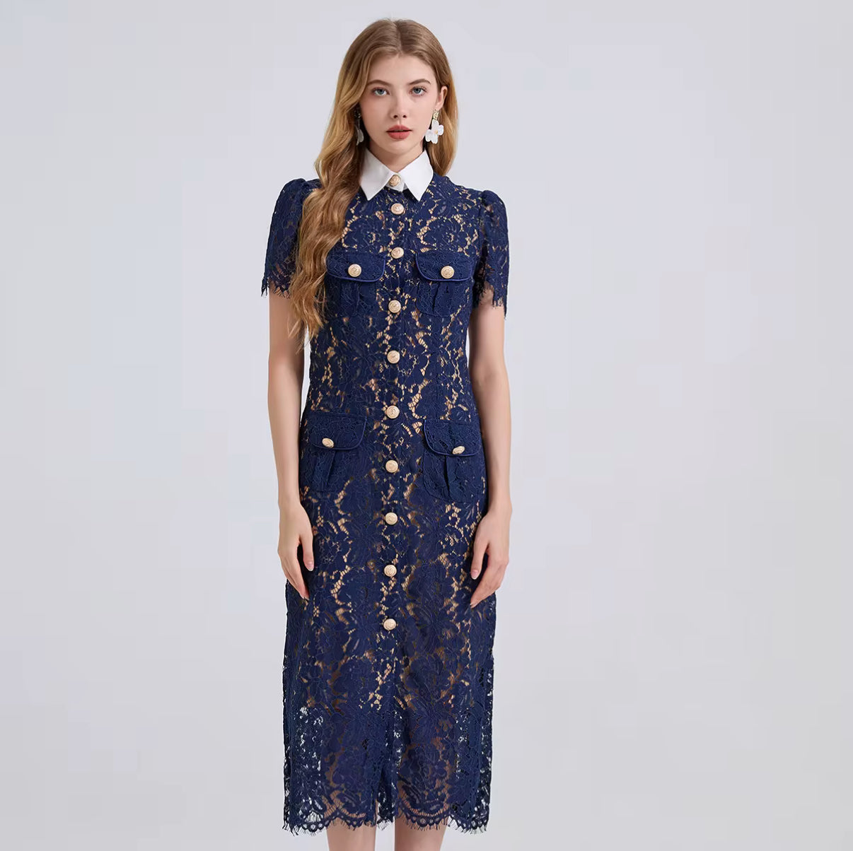 Navy Lace Button-Down Dress