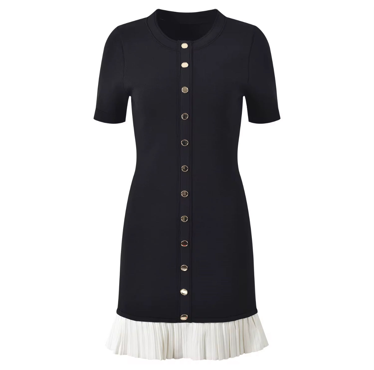 Black fitted dress with statement gold buttons and a playful pleated hem