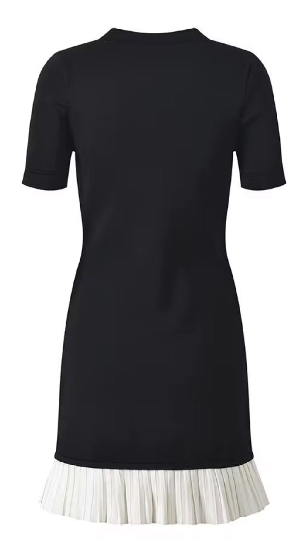 Black fitted dress with statement gold buttons and a playful pleated hem