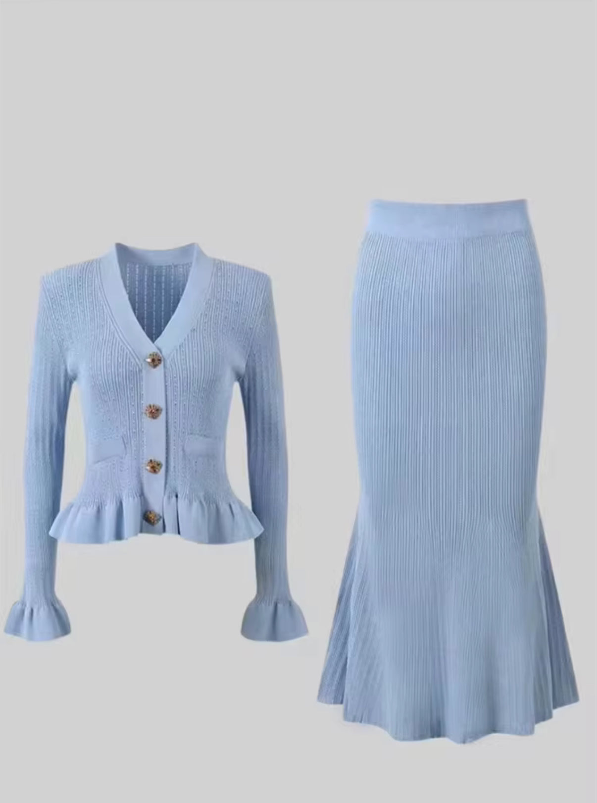 Knitted Peplum Blazer & Skirt Set with Gold Button Detail