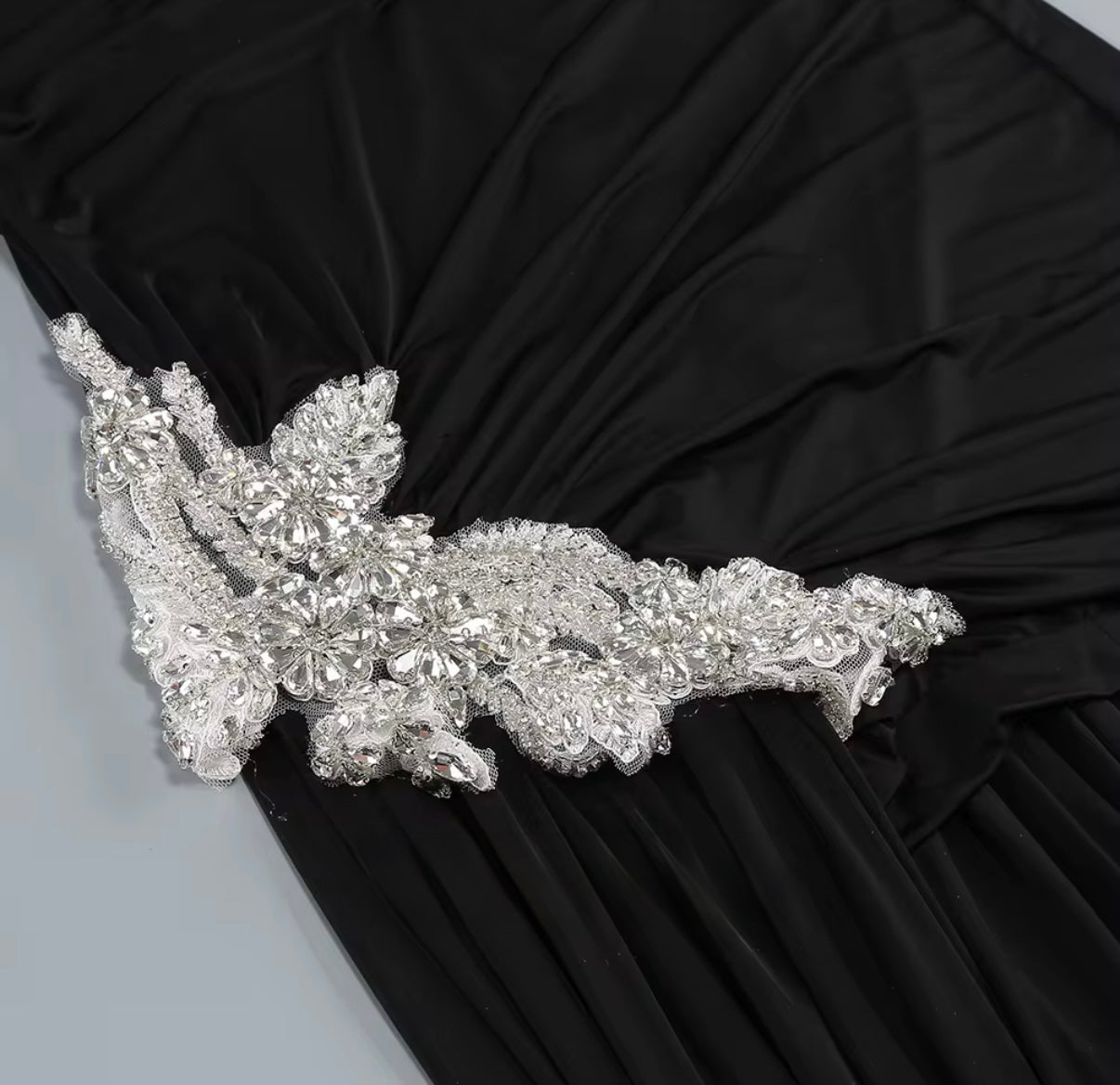 bodycon fit with crystal applique and high slit dress