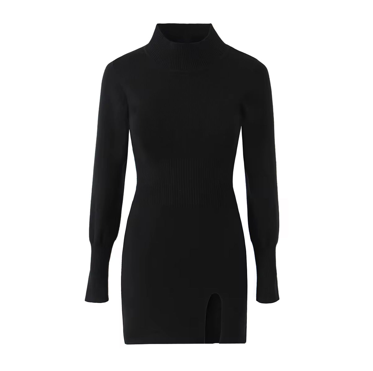 bodycon turtleneck dress with thigh-high slit