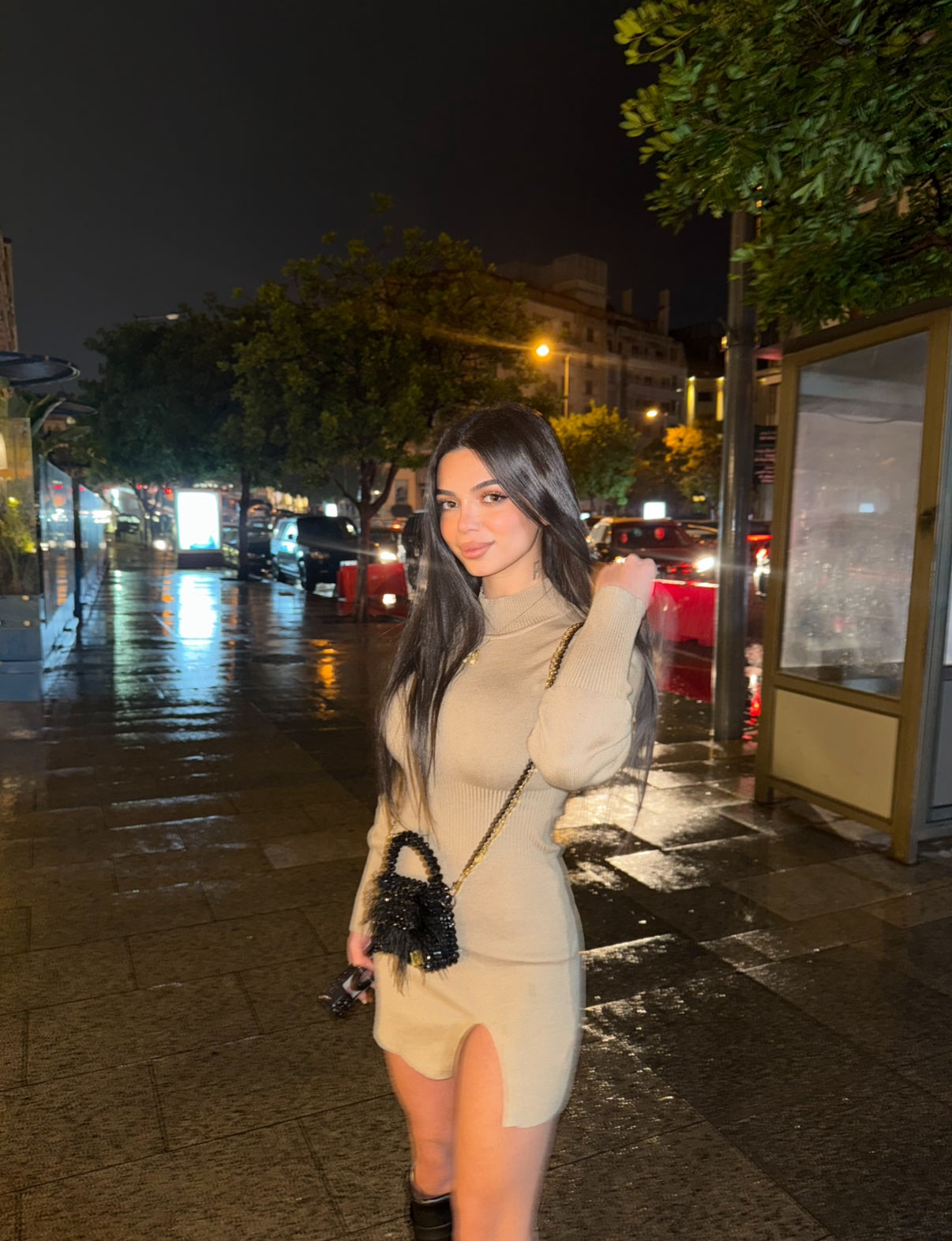 bodycon turtleneck dress with thigh-high slit