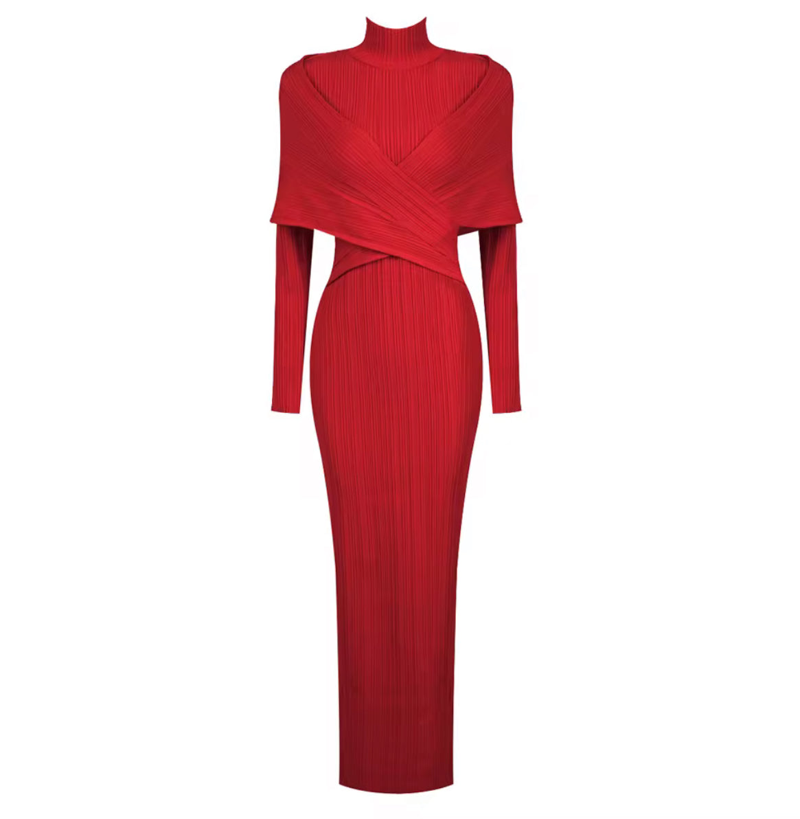 bold red knit dress with cross-over wrap detail