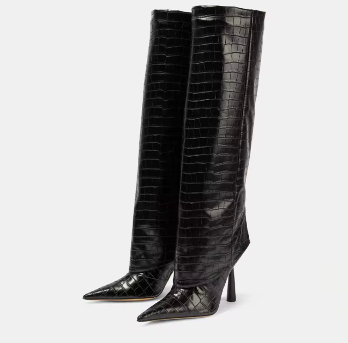 brown crocodile-effect high heel boots