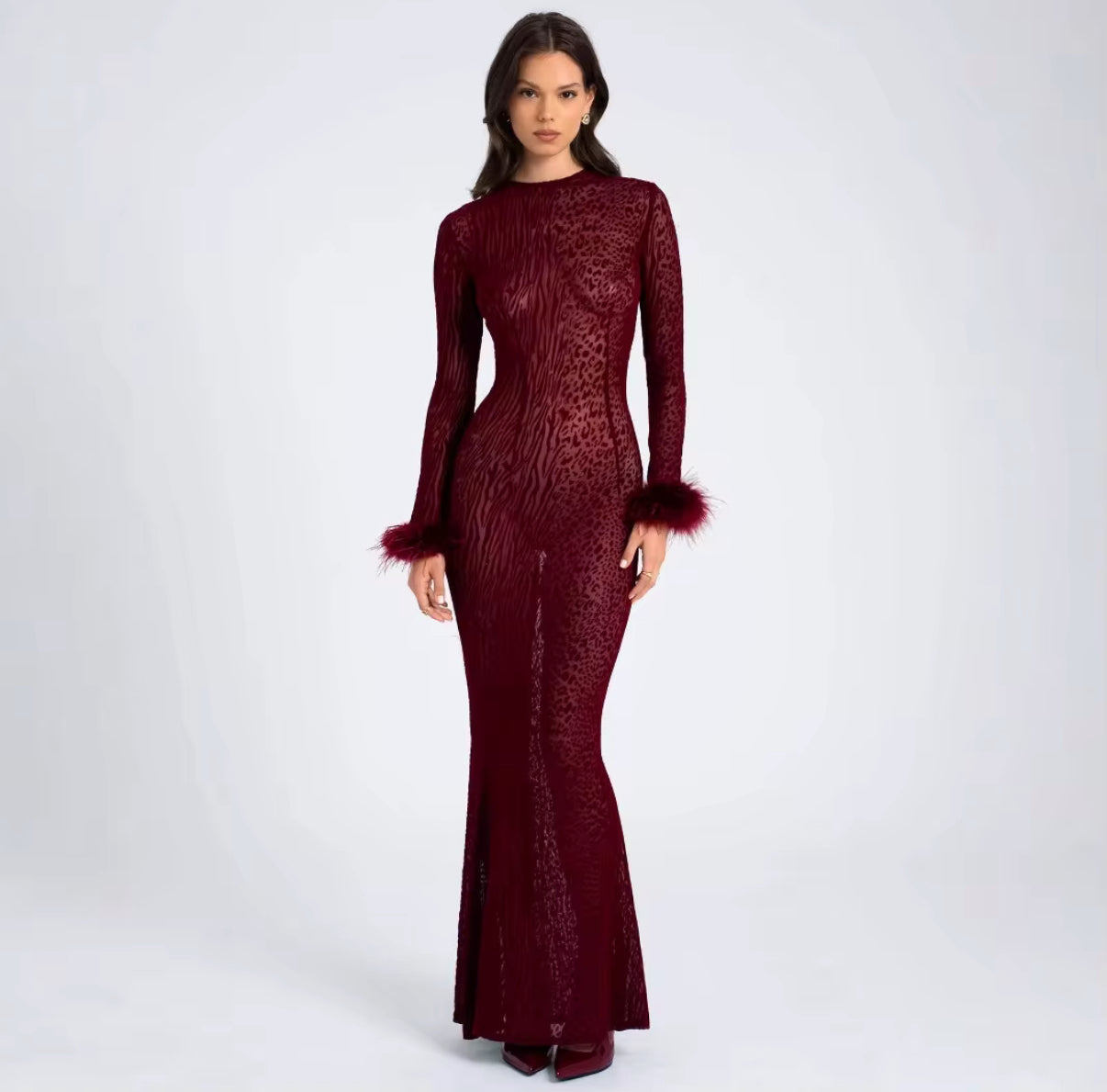 burgundy long-sleeve dress with feather cuffs & open back