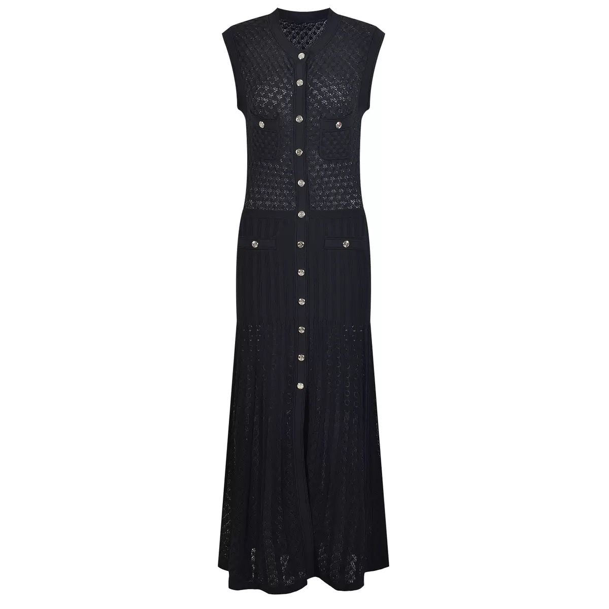 Button-Down Long Dress with Sheer Lace Accents and Pocket Design