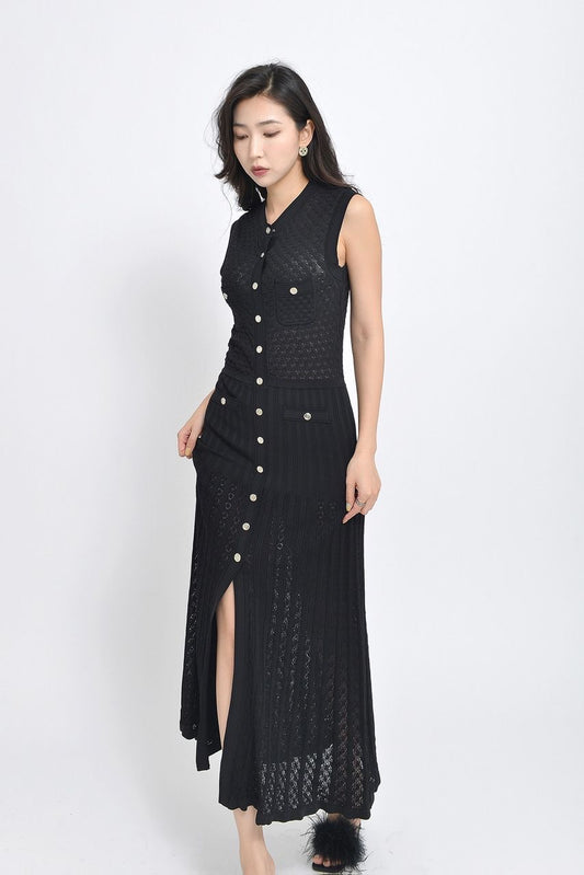 Button-Down Long Dress with Sheer Lace Accents and Pocket Design