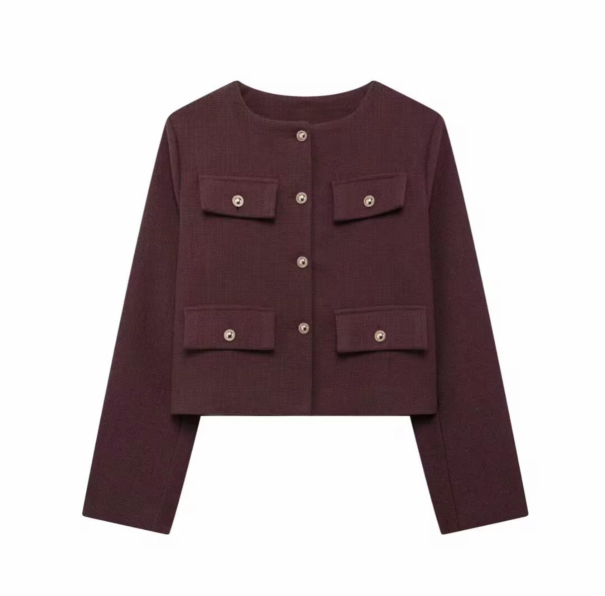 Cropped Tweed-Inspired Jacket with Gold Button Accents