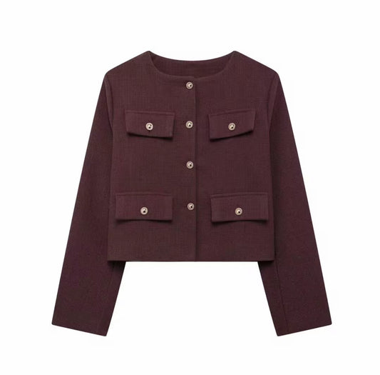 Cropped Tweed-Inspired Jacket with Gold Button Accents