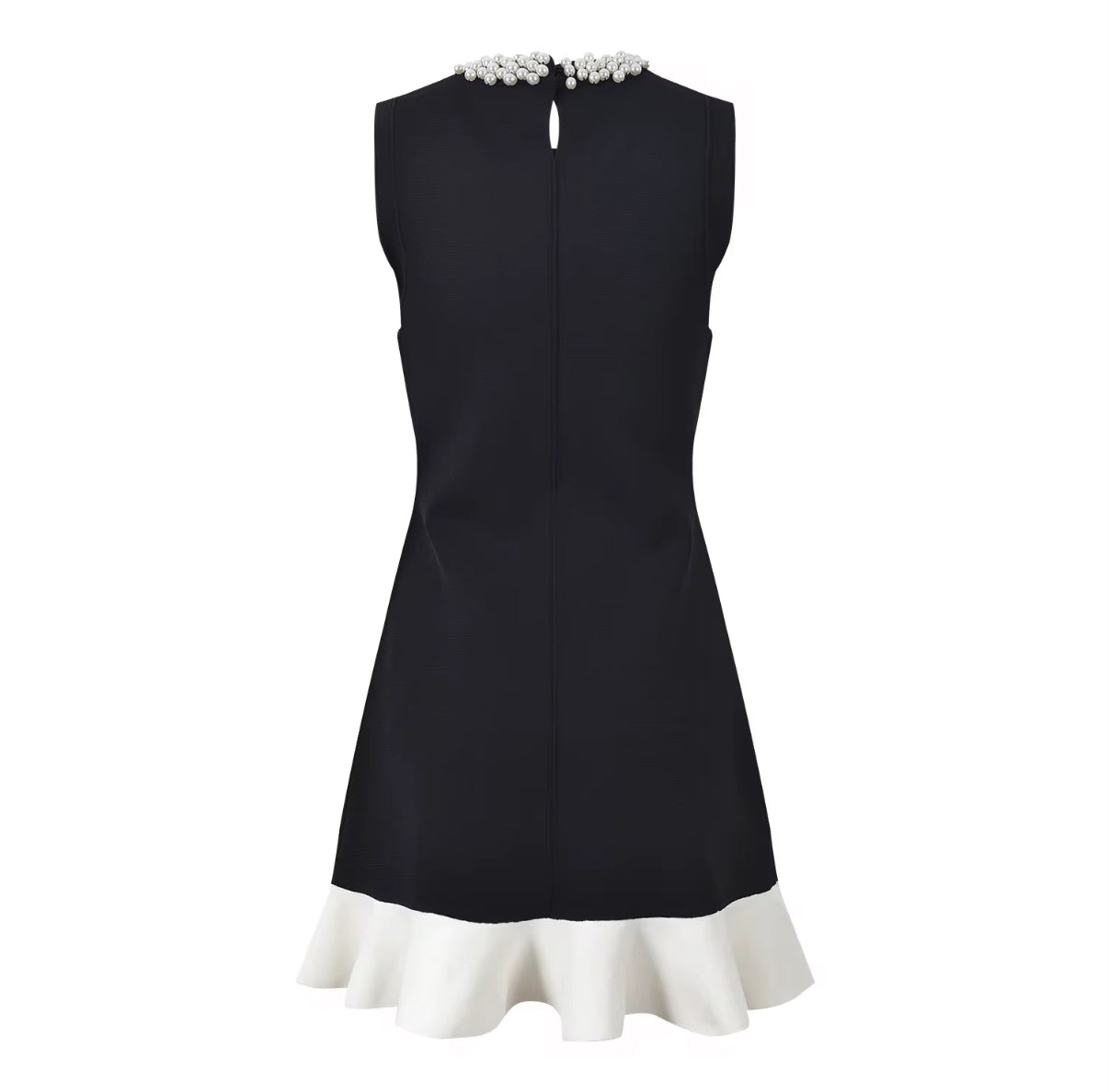 Sleeveless Black Mini Dress with White Ruffle Hem