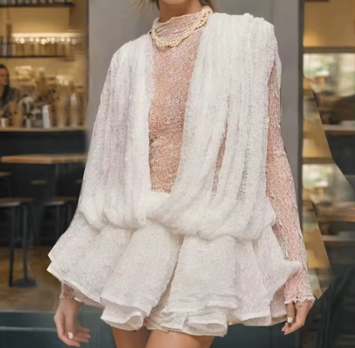 Sheer Long-Sleeve Mini Dress with Plunging Front and Draped Overlay