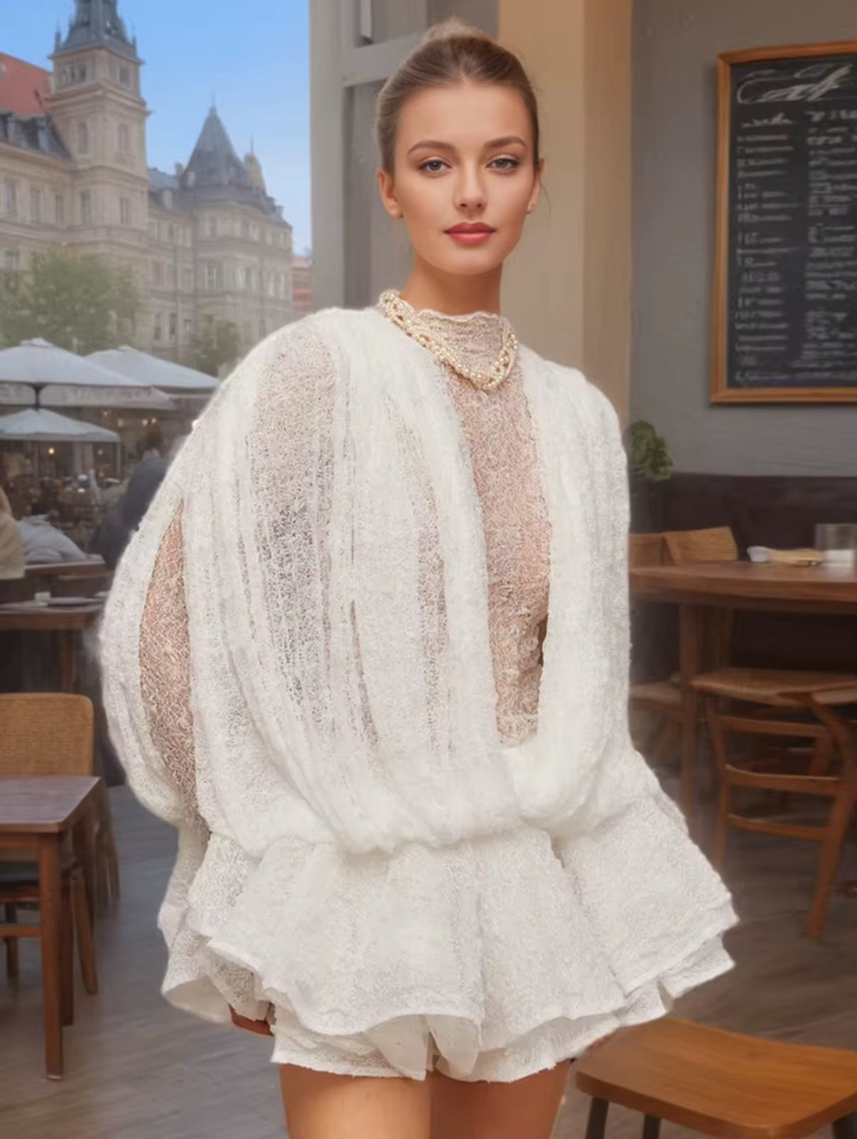 Sheer Long-Sleeve Mini Dress with Plunging Front and Draped Overlay