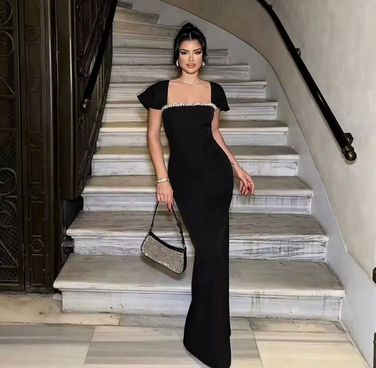 Elegant Evening Dress with Crystal-Embellished Square Neckline