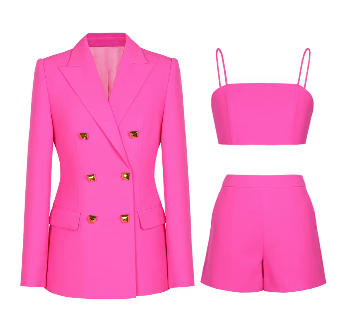Bold Hot Blazer with Gold Buttons, Matching Crop Top & Shorts