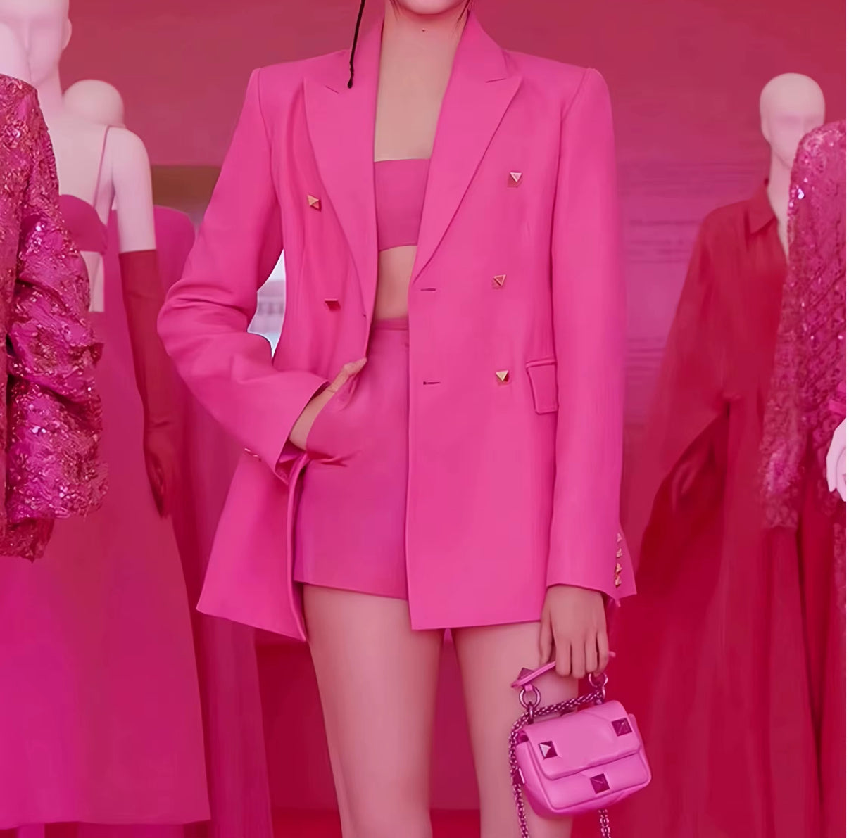 Bold Hot Blazer with Gold Buttons, Matching Crop Top & Shorts