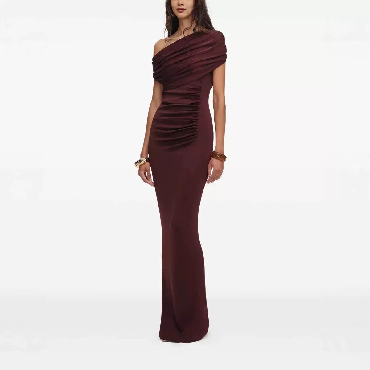 Burgundy Draped One-Shoulder Sculpt Gown