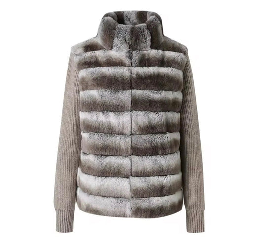 Camel Winter Crest Fur-Panel Sweater Jacket