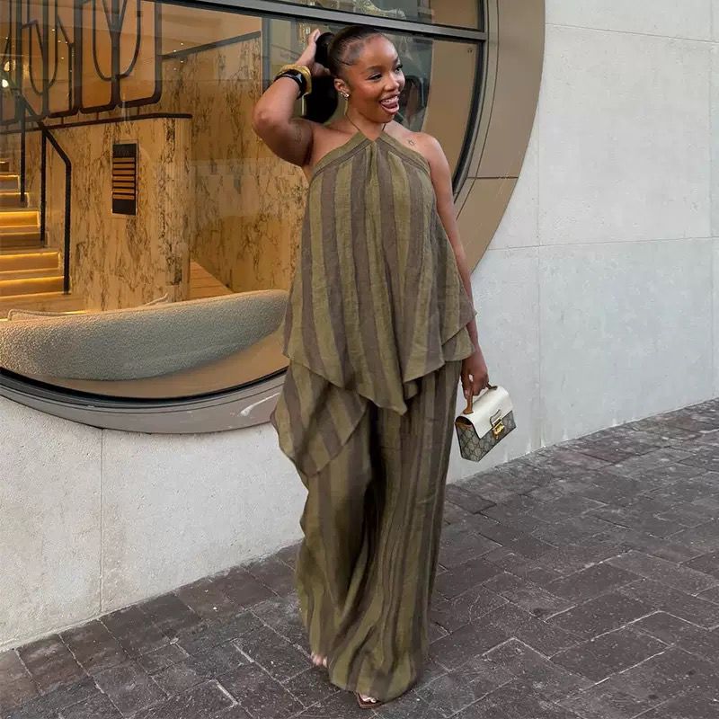 Olive Striped Halter Flow Set