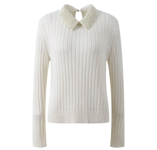 Pearl Collar Ribbed Knit Sweater