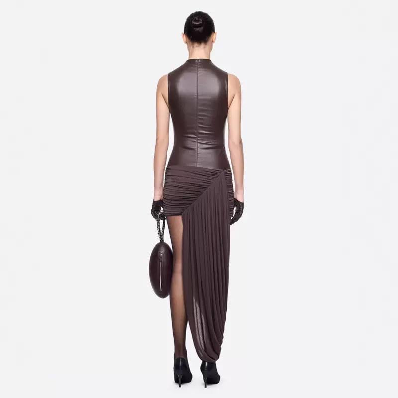 High Neck Leather Bodice Maxi Dress