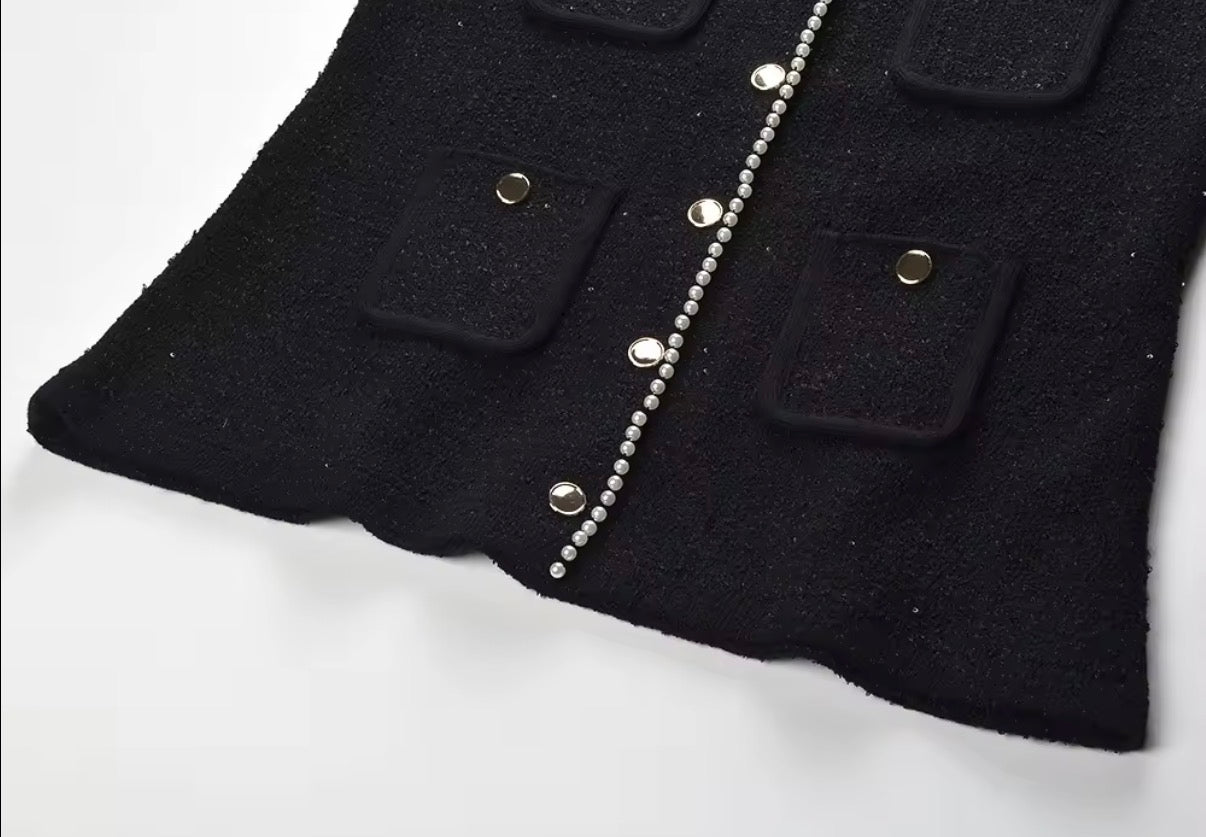 Pearl Trim Knit Vest & Pleated Skirt Set