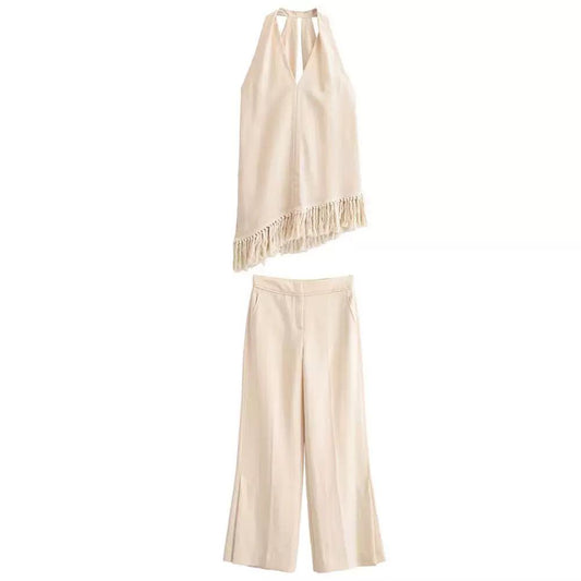 Ivory Fringe Halter Wide-Leg Set
