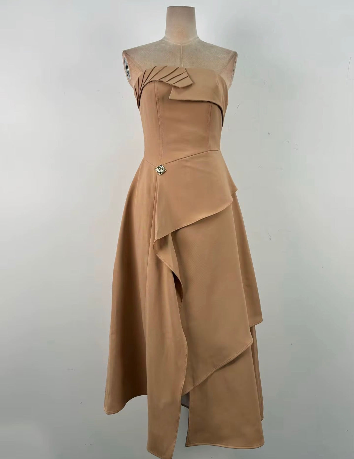 Elegant Strapless Sculpted Asymmetric Midi Dress with Draped Overlay