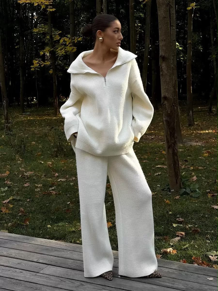Ribbed Knit Half-Zip Wide-Leg Set