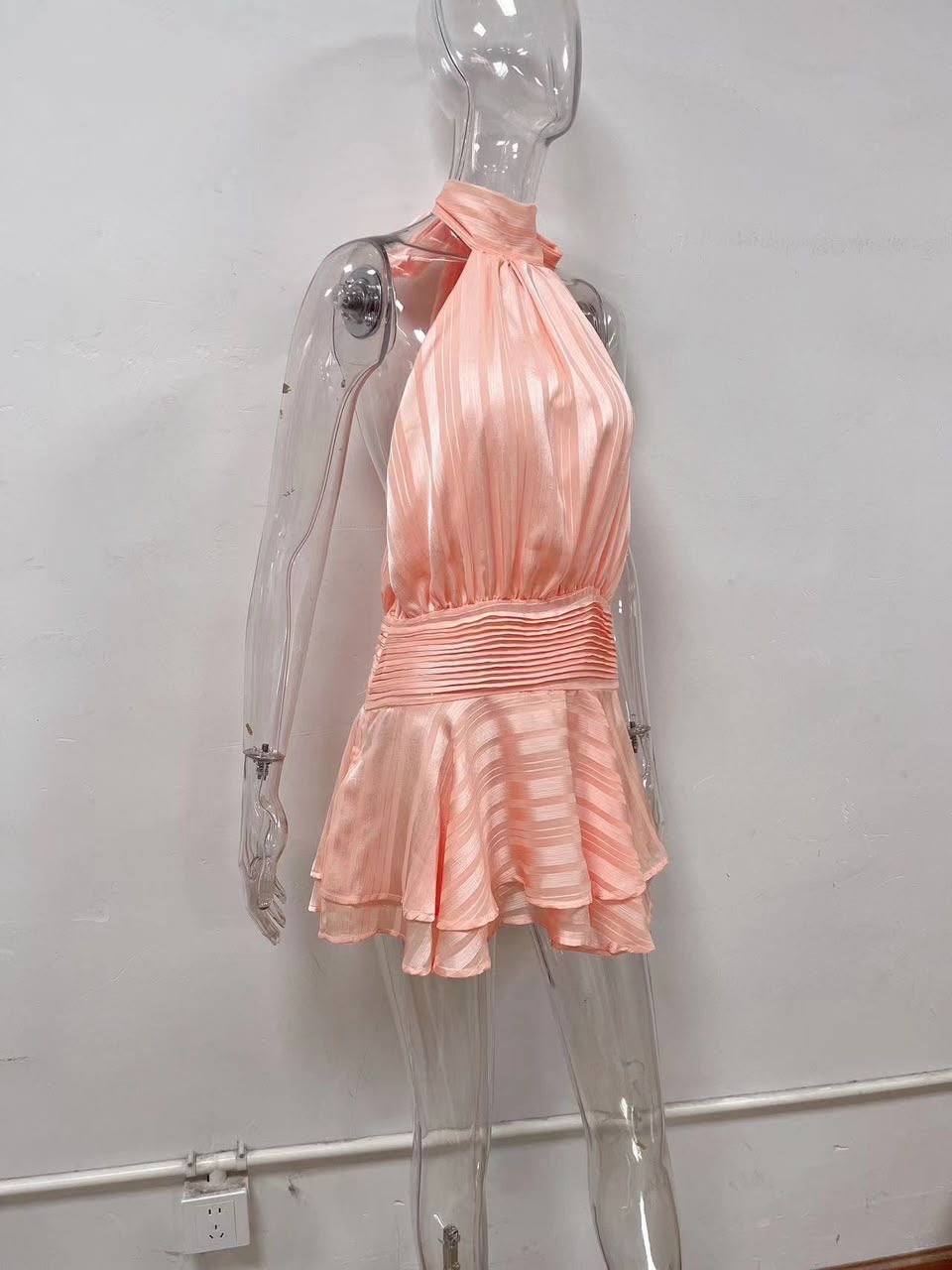 Peach Halter Ruffle Mini Dress