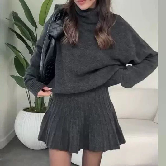 Soft Pleats Knit Turtleneck Sweater & Skirt Set