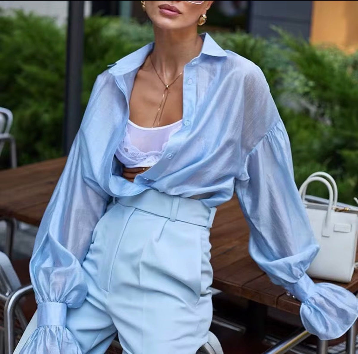 Long Sleeve Sheer Button-Up Blouse