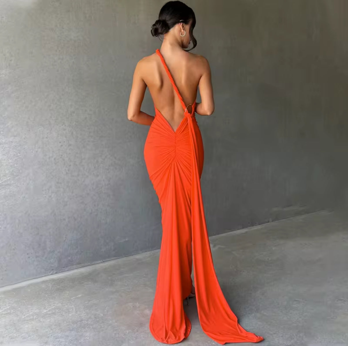 Backless Halter Dress with Draped Train