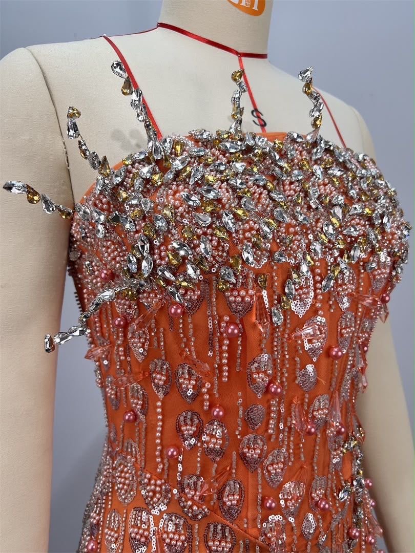 Orange Crystal-Embellished Off-Shoulder Maxi Dress ✨