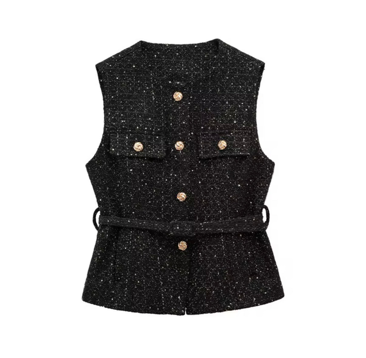 Textured Buttoned Belted Vest